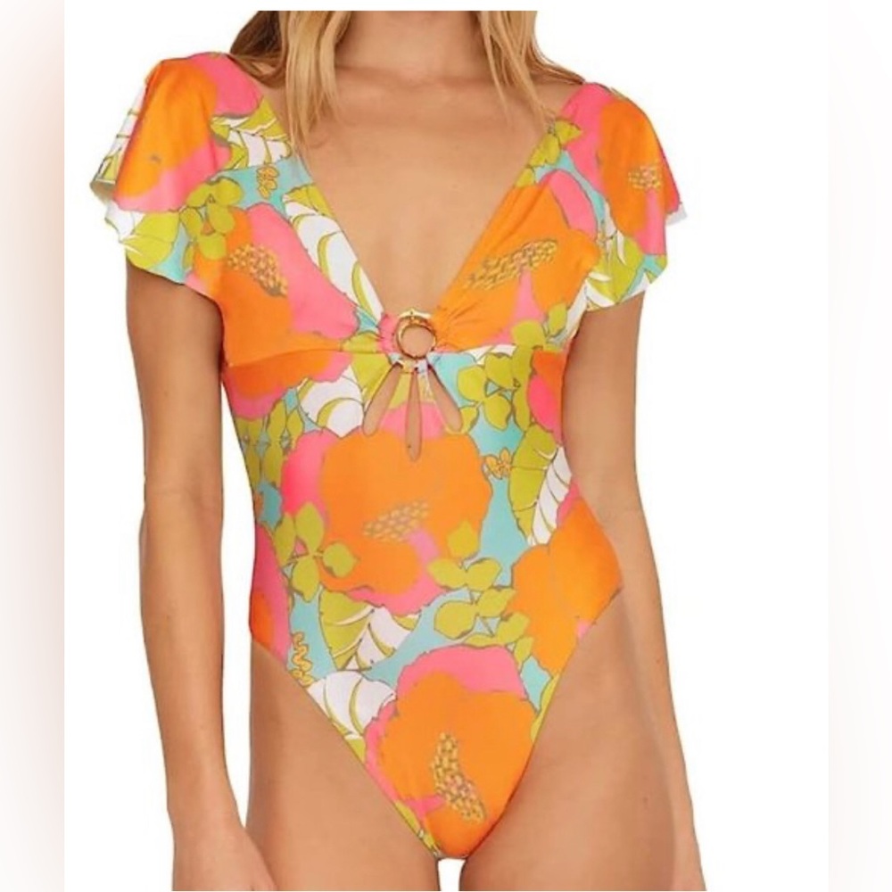 New Trina Turk Orange and Green Floral One Piece Sz 14